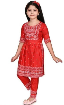 GAFFAR STORES Girls Festive & Party Kurta and Pyjama Set(Red Pack of 1)