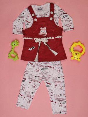 V-MART Baby Girls Casual T-shirt Dungaree(Maroon)