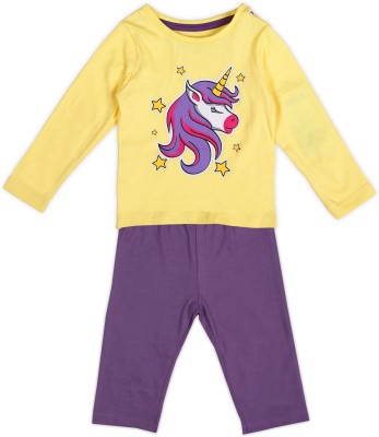 BabiesRus Girls Casual T-shirt Trouser(TOP-Light Yellow, Bottom-Violet)