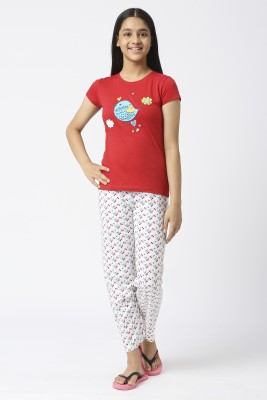 SINI MINI Kids Nightwear Girls Printed Cotton(Red Pack of 1)