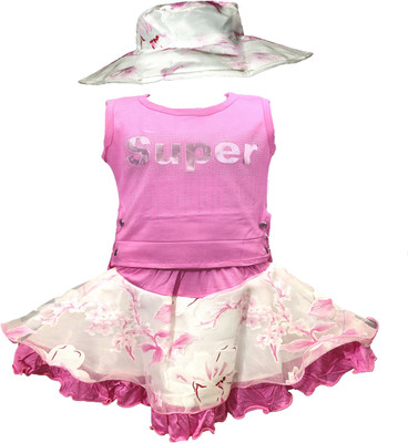 Look Fashion Baby Girls Party(Festive) Top Skirt, Hat(Pink)