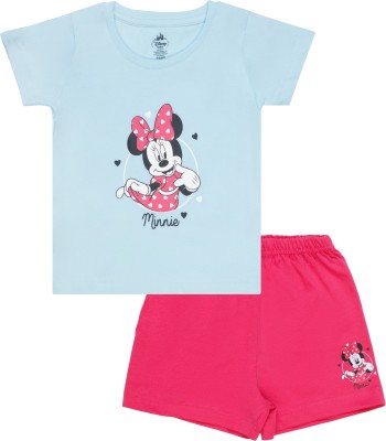 BodyCare Girls Minnie Casual T-shirt Shorts(Sky Blue & Fuchsia)