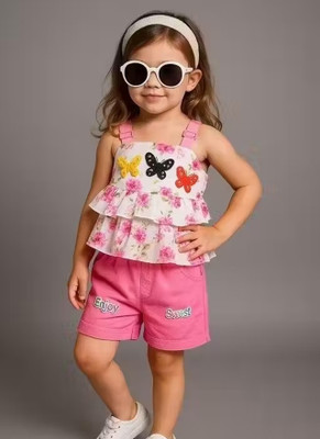 SHIVKUMMAR STORE Baby Girls Casual Top Shorts(pink rid one top,short)