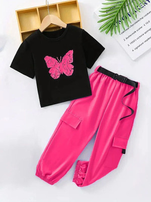 PORPY Girls Casual T-shirt Pant(Black & Lavender)
