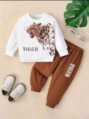 Afreen Creations Baby Boys & Baby Girls Party(Festive) T-shirt Track Pants(White & Brown)