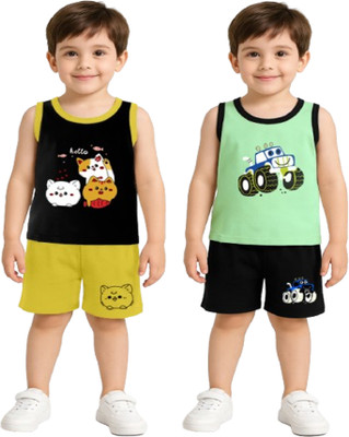 PY PINKYOU Baby Boys Casual T-shirt Shorts(BLACK-LIGHTGREEN)
