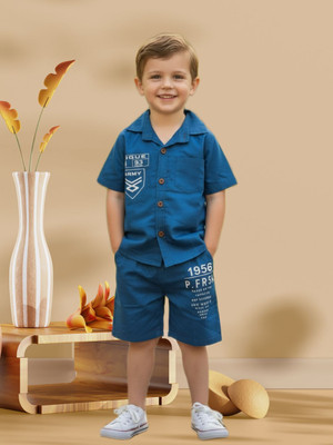 FASHION GRAB Boys Casual Shirt Shorts(Agean Blue)