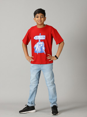 KiddoPanti Boys Casual T-shirt Jeans(Red & Ice Blue)