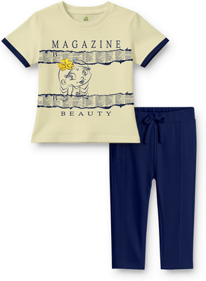 CHHOTA BHEEM Girls Chhota Bheem Casual T-shirt Capri(Cream, Navy Blue)