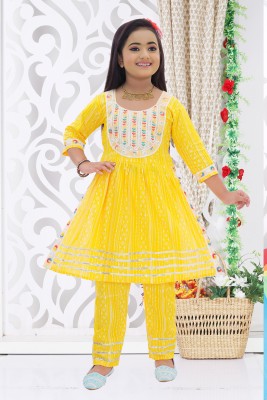 Funnyboo Girls Festive & Party Kurta and Leggings Set(Yellow Pack of 1)