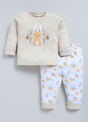Smart Baby Baby Boys & Baby Girls Casual T-shirt Pyjama(Beige & White)