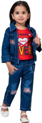 kidzride Baby Girls Party(Festive) Jacket Top, Jeans(Blue, Red)