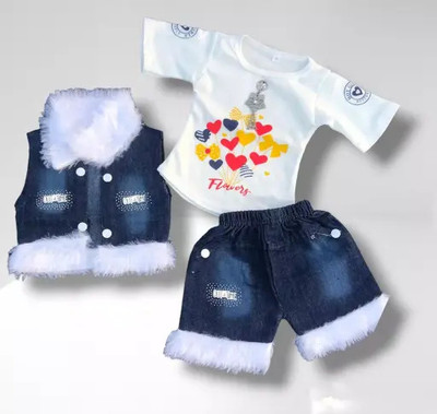 Vinayy Creation Baby Girls Casual Top Shorts, Jacket(White Printed Top,Blue Denim Jacket,Short)