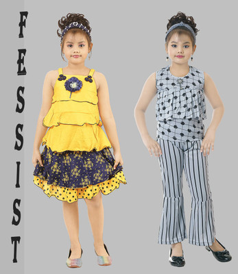 Fessist Girls Casual Top Pant, Skirt(Yellow:Grey)