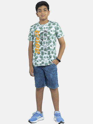 KiddoPanti Boys Casual T-shirt Shorts(Green & Md Rag Wash Blue)