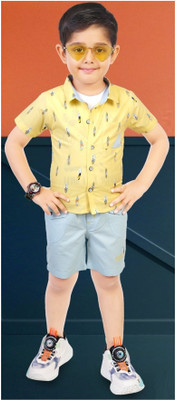 Choo Choo Boys Casual Shirt Shorts, T-shirt(Yellow & Sky Blue)