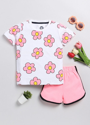 Lazy Shark Girls Casual T-shirt Shorts(Pink & White)