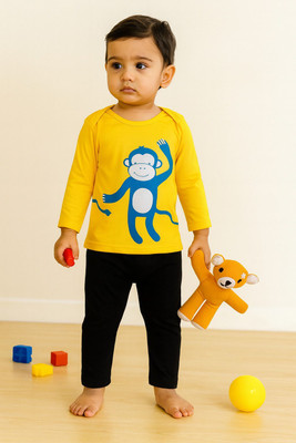 Piku Store Baby Boys & Baby Girls Casual T-shirt Pyjama(Yellow T-shirt & Black Lower)