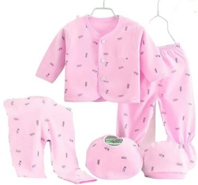 Kidsy Zilla Baby Boys & Baby Girls Casual T-shirt Pyjama, Bib, Cap, Pant(pink)