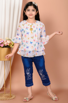 MEHERAJ DRESSES Girls Party(Festive) Top Jeans(WHITE)