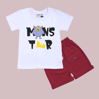 Baby Wolf Baby Boys & Baby Girls Casual T-shirt Shorts(monster print white t-shirt maroon shorts)