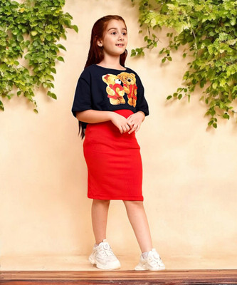 AHHYAN CREATION Girls Party(Festive) Dress T-shirt(Red & Black)