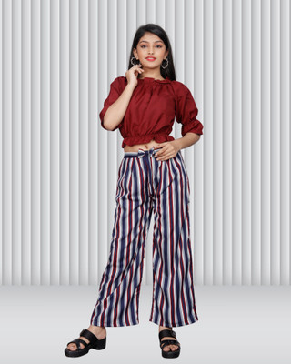 vroxa creation Girls Casual Top Trouser(Maroon Blue)