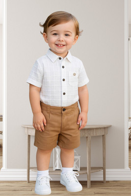 KRIYU CREATION Boys Dora Casual Shirt Shorts(white Khakhi)