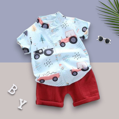 LittleRebel Baby Boys & Baby Girls Casual Shirt Shorts(TRACTOR_SKY_RED)