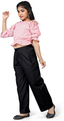 vroxa creation Girls Casual Top Trouser(Pink Black)