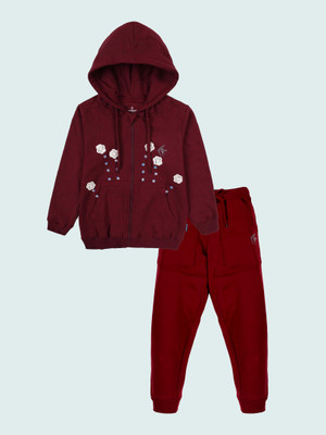 KiddoPanti Girls Casual Sweatshirt Track Pants(Maroon Swirl Flower & Maroon)