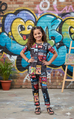 JIG AND JOG Girls Casual T-shirt Pant(Black)