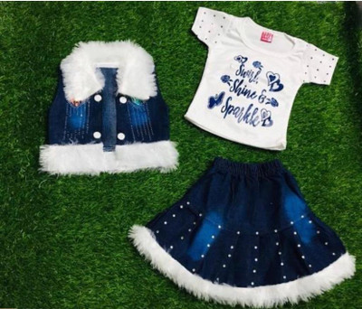 I Naina Dresses Girls Party(Festive) Jacket Top, Skirt(Blue & White)
