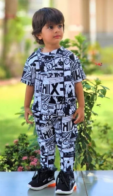 aadhya Boys Party(Festive) Track Pants T-shirt(Black-White)