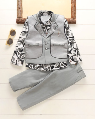I G CREATION Boys & Girls Party(Festive) Waistcoat Shirt, Trouser(GREY)