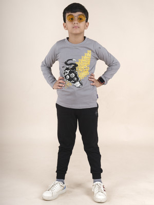 KiddoPanti Boys Casual T-shirt Track Pants(Steal Grey & Jet Black)