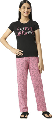 SINI MINI Girls Casual Pant Sleepsuit(BLK_DRM)