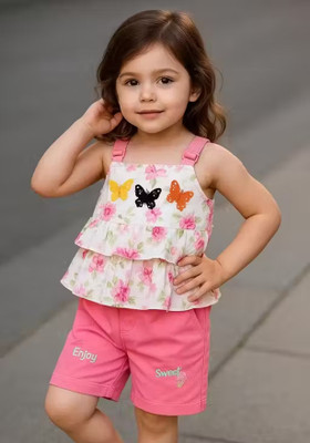 Divij fashion Baby Girls Casual Top Shorts(Baby Girl Cute Summer Vibes Top and Shorts Party Wear Set Pink)
