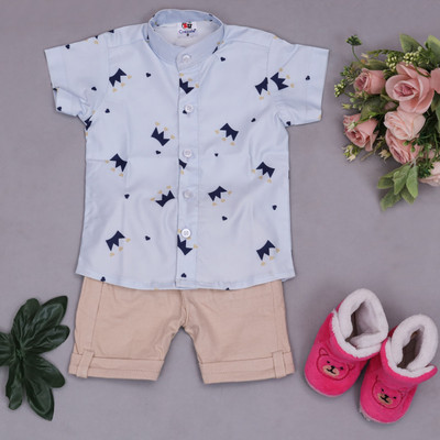 DEVNSH CREATION Baby Boys Casual Shirt Shorts(Blue & Cream)