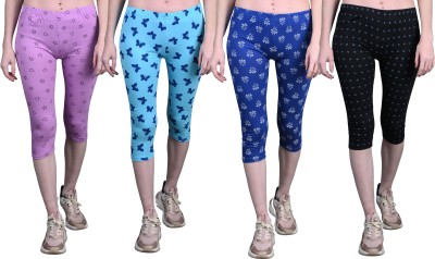 Tik Tok WEARS Capri For Girls Casual Printed Cotton Lycra Blend(Black Pack of 4)