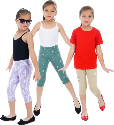 NIK & KNIT Capri For Girls Casual Printed Cotton Blend(Multicolor Pack of 3)