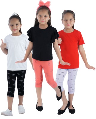 NIK & KNIT Capri For Girls Casual Printed Cotton Blend(Multicolor Pack of 3)