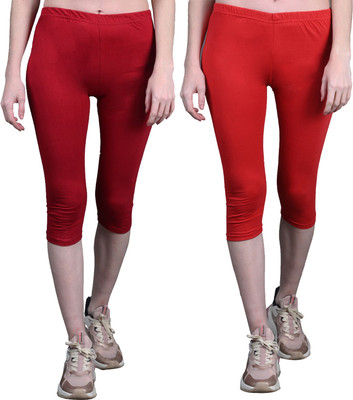 French Kleider Capri For Girls Casual Solid Cotton Lycra Blend(Red Pack of 2)