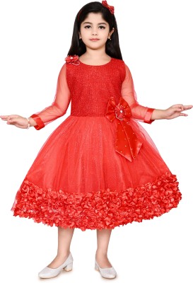 RMR CLOTHES Girls Calf Length Festive/Wedding Dress(Red, 3/4 Sleeve)