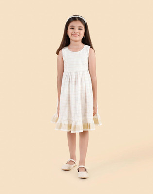 Fabindia Indi Girls Below Knee Casual Dress(White, Sleeveless)