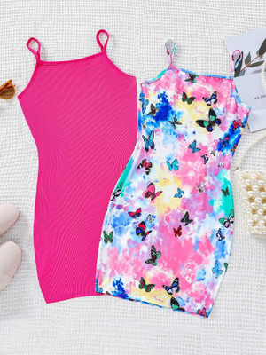 The Heart Of Fashion Girls Midi/Knee Length Casual Dress(Pink, Sleeveless)
