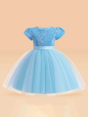 Netra Creation Baby Girls Below Knee Festive/Wedding Dress(Blue, Short Sleeve)