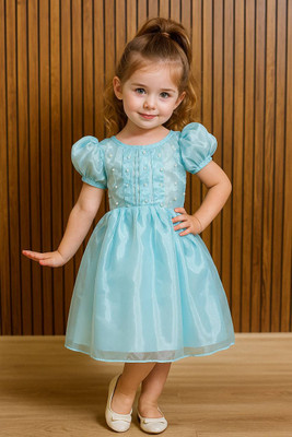 GIRGITT Indi Girls Midi/Knee Length Party Dress(Blue, Short Sleeve)