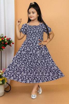 JMD Creation Girls Calf Length Festive/Wedding Dress(Blue, Sleeveless)