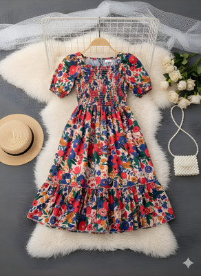 Deklook Girls Midi/Knee Length Party Dress(Multicolor, Red, Short Sleeve)